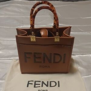 Brand New Authentic Fendi Tan Leather Sunshine Tote with Tortoise Shell Handles